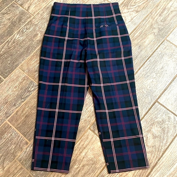 TOPSHOP Checkered Cropped Trousers High Rise Women’s 6 Navy Belted Plaid modern - Picture 6 of 12